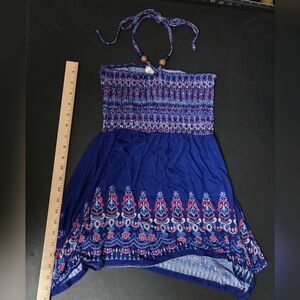 No Boundaries Blue Smocked Halter Tank with Red & White Accents